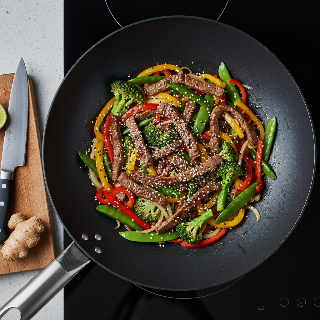 An international fusion cooking scene features a large, matte-black wok on an induction cooktop, filled with colorful vegetable stir-fry tossed with thin strips of grilled Argentine beef. Vibrant red and yellow bell peppers, snow peas, and broccoli florets glisten in a light soy-based sauce, with sesame seeds sprinkled on top. A small wooden board nearby holds a chef’s knife, fresh ginger, and a halved lime, suggesting finishing touches. Cool-toned, diffused overhead lighting combines with a subtle side light, creating gentle reflections on the wok’s curved surface and a soft shine on the vegetables. Captured from a dynamic, slightly angled overhead shot using rule-of-thirds composition, the scene feels energetic and contemporary. The photographic realism and clean, modern aesthetic highlight the blog’s blend of Argentine and international flavors, emphasizing freshness and experimentation.