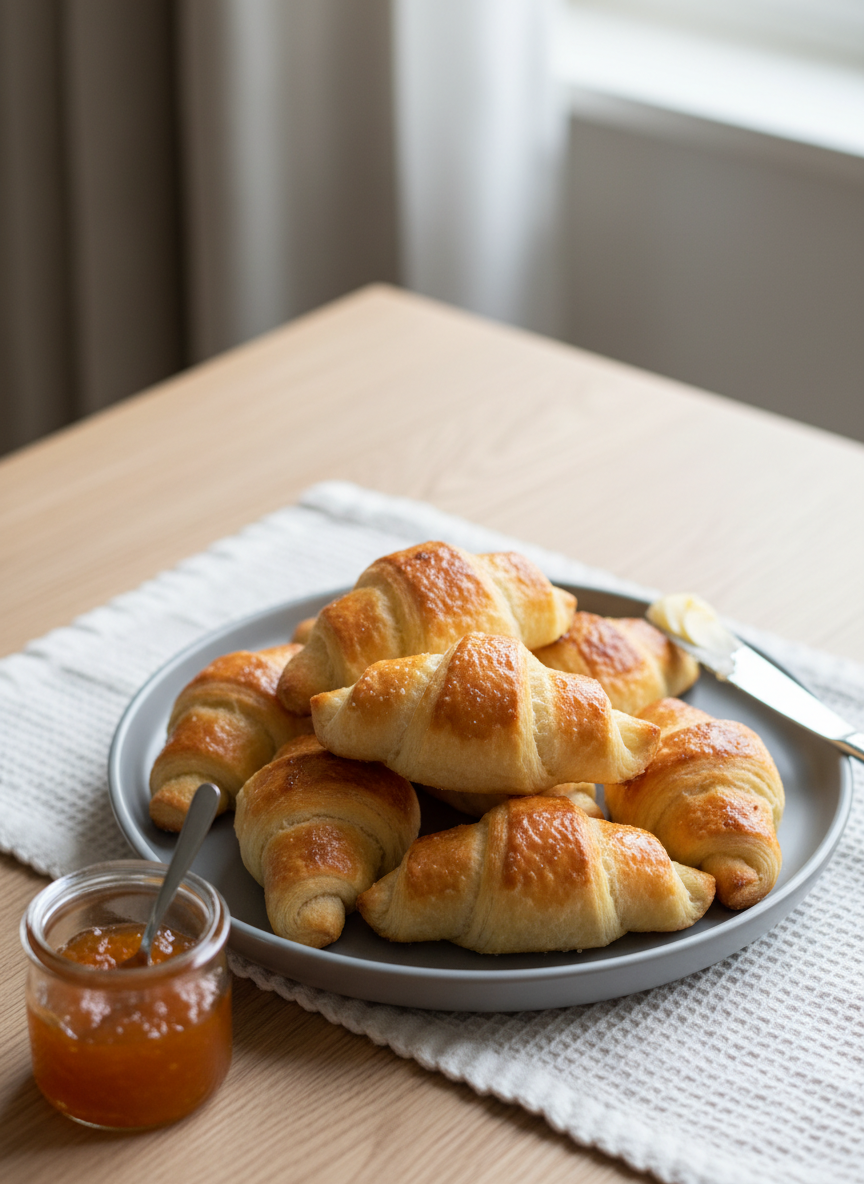 A meticulously arranged breakfast table showcases Argentine medialunas on a round, matte ceramic plate in soft gray. The pastries have a deep golden-brown, glossy surface with visible flaky layers and slightly caramelized tips, some drizzled with a translucent sugar glaze. Beside them rests a small glass jar of homemade marmalade and a stainless steel butter knife with a delicate smear. The table is natural light oak, with a simple white cotton placemat adding subtle texture. Soft, diffused morning light from a nearby window casts gentle shadows and highlights the flaky structure of each medialuna. Shot from a slightly elevated, close perspective with shallow depth of field, the background fades into a neutral blur, keeping focus on the pastries. The mood is calm, cozy, and indulgent, rendered in clean photographic realism for a brunch or merienda recipe post.