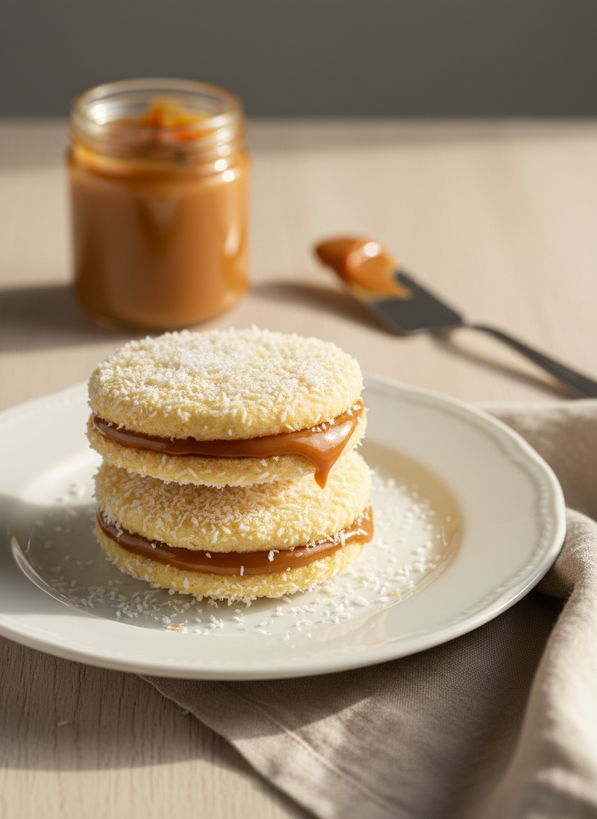 A sophisticated dessert scene shows a pristine white porcelain plate with two delicate alfajores de maicena stacked slightly off-center. Their pale-yellow cornstarch biscuits are tender and crumbly in appearance, with a thick, glossy ribbon of dulce de leche visible at the edges, rolled generously in fine shredded coconut. A small glass jar of dulce de leche sits in the background next to a narrow offset spatula lightly smeared with caramel. The setting is a light wooden table with a soft linen napkin in muted beige draped casually nearby. Gentle morning light from the right creates soft shadows and tiny highlights on sugar particles, captured with a close-up, shallow depth of field. The atmosphere is elegant yet homely, with clean, minimalist photographic realism emphasizing textures and sweetness for a dessert-focused blog post.