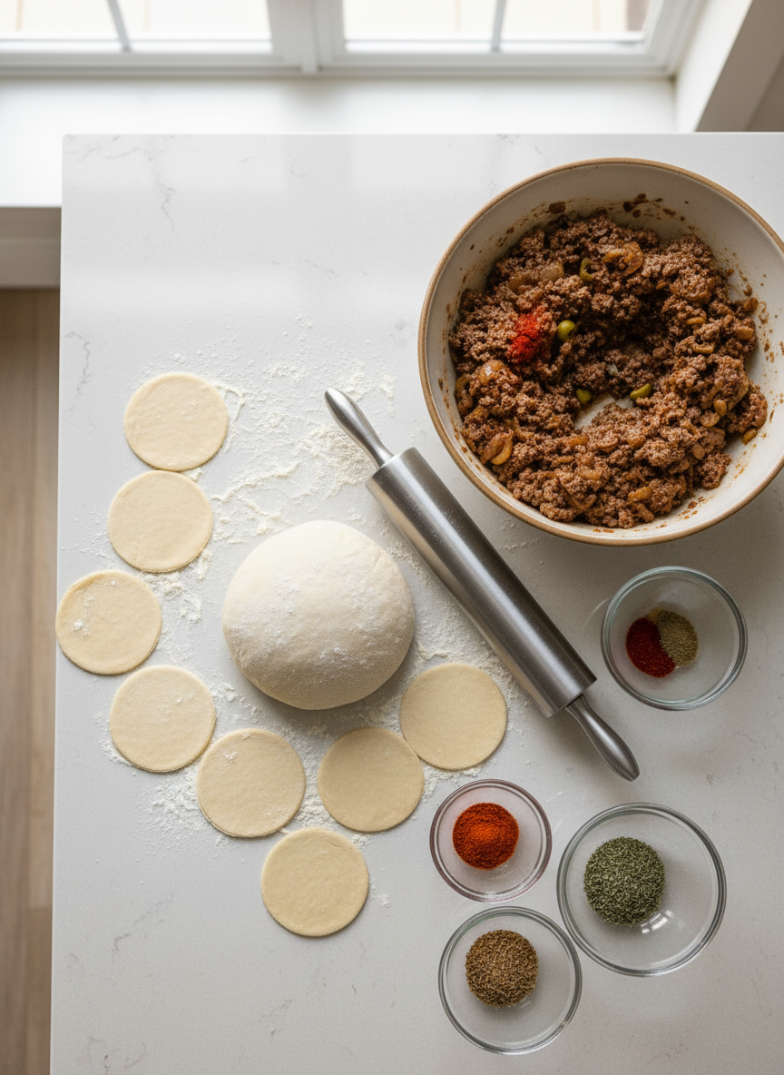 A clean, modern kitchen counter in neutral tones displays the mise en place for a classic Argentine empanada recipe: a smooth ball of pale dough dusted with flour, a stainless steel rolling pin, circular dough cutouts, and a generous bowl of glistening beef and onion filling flecked with paprika and green olives. The counter is light quartz, subtly reflective, with neatly arranged small glass bowls of spices. Bright but diffused daylight streams from a large unseen window, eliminating harsh shadows and creating a professional cooking-show feel. Shot from a top-down, bird’s-eye view with sharp focus throughout, the scene feels organized and instructional. The photographic realism and clean composition underline the step-by-step nature of the blog, conveying clarity, precision, and approachability.