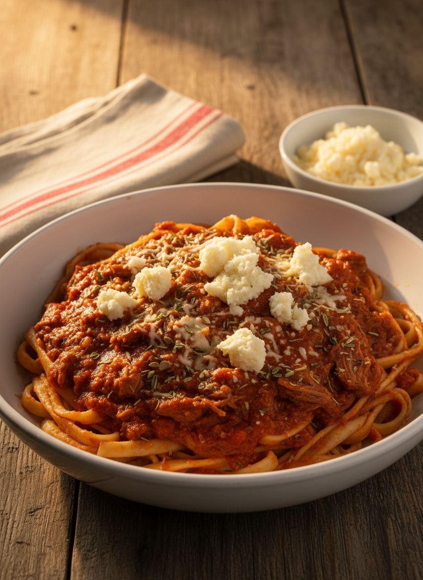 A comforting pasta scene presents a deep, wide-rimmed white ceramic bowl filled with tallarines caseros coated in a lush tuco sauce. The handmade noodles are slightly irregular, their rough texture gripping a thick, brick-red tomato and beef ragu, with visible shreds of slow-cooked meat and flecks of oregano. A generous snowfall of freshly grated hard cheese melts slightly on top, forming soft mounds. The bowl sits on a rustic wooden table with a simple striped cotton napkin and a small bowl of extra grated cheese nearby. Warm, golden-hour light from the side creates appetizing highlights on the sauce and soft shadows under the pasta. Captured at an eye-level, restaurant-style angle with moderate depth of field, the mood is abundant and homely, rendered in rich photographic realism for a Sunday lunch recipe.
