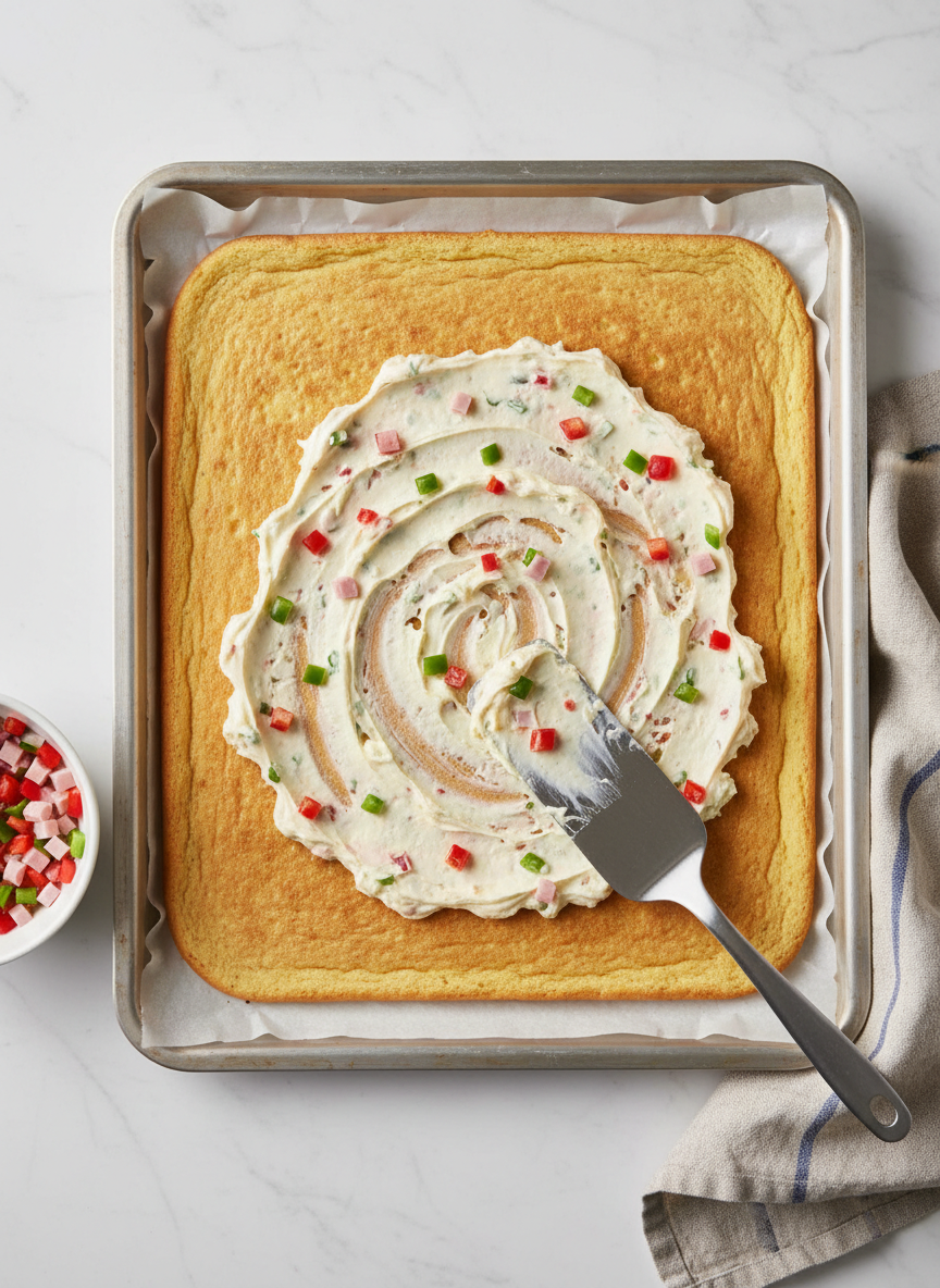 A step-by-step baking scene captures the moment of preparing a classic pionono for a savory arrollado. A thin, golden sponge sheet rests on parchment atop a metal baking tray, its surface slightly elastic and evenly baked. A metal offset spatula spreads a creamy, herbed cheese filling studded with finely diced peppers and ham, creating smooth swirls. Around the tray, the counter holds a small bowl of neatly chopped ingredients and a folded kitchen towel in subtle stripes. Bright, even studio-style lighting eliminates harsh contrasts, ideal for instructional clarity, while a soft side light adds gentle dimension. Photographed from an overhead, documentary angle with sharp focus across the frame, the aesthetic is professional and didactic, emphasizing technique and texture in realistic, clean detail.